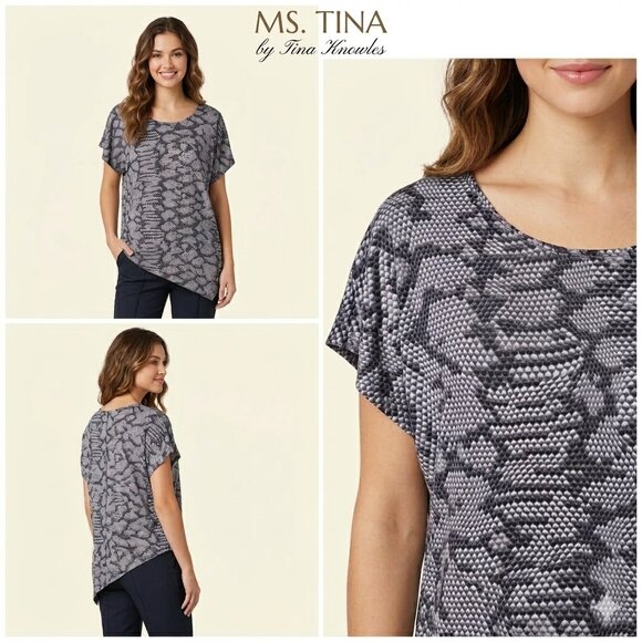 Miss Tina Tops - Ms. Tina by Tina Knowles Asymmetrical Design Top Gray & Black Draped Size Small